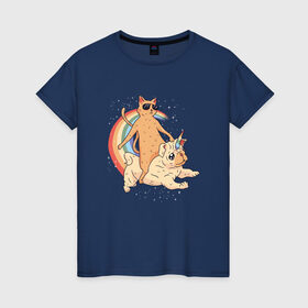 Женская футболка хлопок с принтом Кот верхом на мопсе единороге в Тюмени, 100% хлопок | прямой крой, круглый вырез горловины, длина до линии бедер, слегка спущенное плечо | Тематика изображения на принте: cat | cool cat | cute | galaxy | pug | pugs | rainbow | space | stars | бульдог | бульдожка | галактика | звезды | космический | космос | кошка | крутой кот | милые | милый | мопс | мопсик | на радуге | очки | прикол | радуга