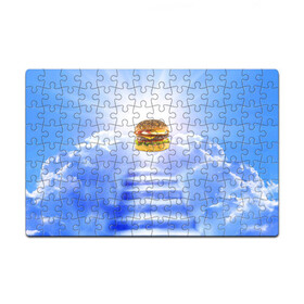 Головоломка Пазл магнитный 126 элементов с принтом Райский бургер в Тюмени, полимерный материал с магнитным слоем | 126 деталей, размер изделия —  180*270 мм | food | hamburger | hot dog | ангел | блики | булка | булочка | бургер | бутерброд | вкусняшки | гамбургер | еда | котлета | лестница | лучи | небесный | небо | обжора | облака | пейзаж | природа | рай | сендвич