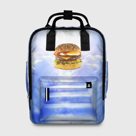 Женский рюкзак 3D с принтом Райский бургер в Тюмени, 100% полиэстер | лямки с регулируемой длиной, сверху ручки, чтобы рюкзак нести как сумку. Основное отделение закрывается на молнию, как и внешний карман. Внутри два дополнительных кармана, один из которых закрывается на молнию. По бокам два дополнительных кармашка, куда поместится маленькая бутылочка
 | food | hamburger | hot dog | ангел | блики | булка | булочка | бургер | бутерброд | вкусняшки | гамбургер | еда | котлета | лестница | лучи | небесный | небо | обжора | облака | пейзаж | природа | рай | сендвич