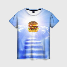 Женская футболка 3D с принтом Райский бургер в Тюмени, 100% полиэфир ( синтетическое хлопкоподобное полотно) | прямой крой, круглый вырез горловины, длина до линии бедер | food | hamburger | hot dog | ангел | блики | булка | булочка | бургер | бутерброд | вкусняшки | гамбургер | еда | котлета | лестница | лучи | небесный | небо | обжора | облака | пейзаж | природа | рай | сендвич