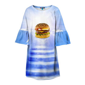 Детское платье 3D с принтом Райский бургер в Тюмени, 100% полиэстер | прямой силуэт, чуть расширенный к низу. Круглая горловина, на рукавах — воланы | food | hamburger | hot dog | ангел | блики | булка | булочка | бургер | бутерброд | вкусняшки | гамбургер | еда | котлета | лестница | лучи | небесный | небо | обжора | облака | пейзаж | природа | рай | сендвич