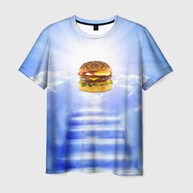 Мужская футболка 3D с принтом Райский бургер в Тюмени, 100% полиэфир | прямой крой, круглый вырез горловины, длина до линии бедер | Тематика изображения на принте: food | hamburger | hot dog | ангел | блики | булка | булочка | бургер | бутерброд | вкусняшки | гамбургер | еда | котлета | лестница | лучи | небесный | небо | обжора | облака | пейзаж | природа | рай | сендвич