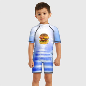 Детский купальный костюм 3D с принтом Райский бургер в Тюмени, Полиэстер 85%, Спандекс 15% | застежка на молнии на спине | food | hamburger | hot dog | ангел | блики | булка | булочка | бургер | бутерброд | вкусняшки | гамбургер | еда | котлета | лестница | лучи | небесный | небо | обжора | облака | пейзаж | природа | рай | сендвич