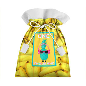Подарочный 3D мешок с принтом Ананас и бананы в Тюмени, 100% полиэстер | Размер: 29*39 см | 3d | ананас | бананы | бирюзовый | единственный | желтый | надпись | наушники | один | один на тысячу | одна на тысячу | очки | полная запечатка | розовый | самовыражение