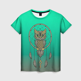 Женская футболка 3D с принтом сова ловец снов в Тюмени, 100% полиэфир ( синтетическое хлопкоподобное полотно) | прямой крой, круглый вырез горловины, длина до линии бедер | арт | взгляд | градиент | знание | ключ | круг | ловец снов | масоны | мудрость | перо | птица | птичка | сова | тайна | филин