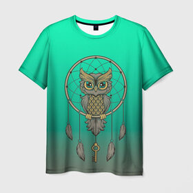 Мужская футболка 3D с принтом сова ловец снов в Тюмени, 100% полиэфир | прямой крой, круглый вырез горловины, длина до линии бедер | арт | взгляд | градиент | знание | ключ | круг | ловец снов | масоны | мудрость | перо | птица | птичка | сова | тайна | филин