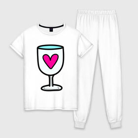 Женская пижама хлопок с принтом Бокал любви в Тюмени, 100% хлопок | брюки и футболка прямого кроя, без карманов, на брюках мягкая резинка на поясе и по низу штанин | 14 февраля | 8 марта | влюбленные | девушкам | любить | любовь | пара