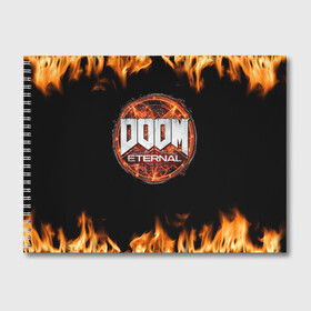 Альбом для рисования с принтом DOOM Eternal в Тюмени, 100% бумага
 | матовая бумага, плотность 200 мг. | doom eternal | дум | игра | компьютерная | логотип | надпись | огненный | огонь | подарок | пожар | символ | фанату | черный