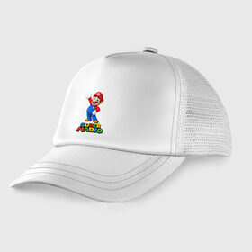 Детская кепка тракер с принтом Super Mario в Тюмени, Козырек - 100% хлопок. Кепка - 100% полиэстер, Задняя часть - сетка | универсальный размер, пластиковая застёжка | видеоигра | игра | марио | персонаж