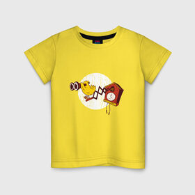 Детская футболка хлопок с принтом Кукушка с биноклем в Тюмени, 100% хлопок | круглый вырез горловины, полуприлегающий силуэт, длина до линии бедер | beholder | binoculars | bird | birdy | canary | caretaker | cuckoo | funny | humor | time | warden | yellow | бинокль | время | желтая | канарейка | наблюдатель | охрана | попугай | прикол | птичка | сuckoo clock | часики | часы | часы с куку