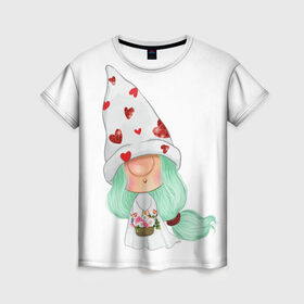 Женская футболка 3D с принтом Гномик в Тюмени, 100% полиэфир ( синтетическое хлопкоподобное полотно) | прямой крой, круглый вырез горловины, длина до линии бедер | Тематика изображения на принте: влюбленные | гном | день валентина | парные | парочки | праздник | шарик