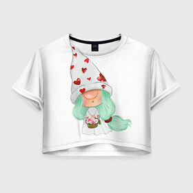 Женская футболка Crop-top 3D с принтом Гномик в Тюмени, 100% полиэстер | круглая горловина, длина футболки до линии талии, рукава с отворотами | Тематика изображения на принте: влюбленные | гном | день валентина | парные | парочки | праздник | шарик