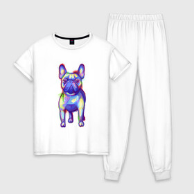Женская пижама хлопок с принтом Французский бульдог акварель в Тюмени, 100% хлопок | брюки и футболка прямого кроя, без карманов, на брюках мягкая резинка на поясе и по низу штанин | Тематика изображения на принте: art | bulldog | colorful | dog | france | french | illustration | watercolor | акварельный | акварелью | арт | брызги | бульдожик | бульдожка | иллюстрация | краски | пес | песик | порода | разводы | разноцветный | рисунок | собака