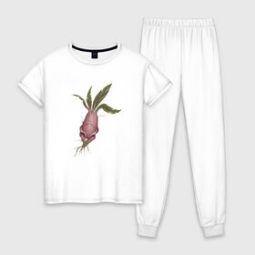 Женская пижама хлопок с принтом Мандрагора в Тюмени, 100% хлопок | брюки и футболка прямого кроя, без карманов, на брюках мягкая резинка на поясе и по низу штанин | Тематика изображения на принте: корни | листочки | растение | фэнтези