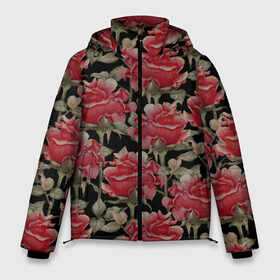 Мужская зимняя куртка 3D с принтом Красные розы на черном фоне в Тюмени, верх — 100% полиэстер; подкладка — 100% полиэстер; утеплитель — 100% полиэстер | длина ниже бедра, свободный силуэт Оверсайз. Есть воротник-стойка, отстегивающийся капюшон и ветрозащитная планка. 

Боковые карманы с листочкой на кнопках и внутренний карман на молнии. | 8 марта | flowers | summer | ботаническая иллюстрация | весна | зеленый | красный | лето | любовь | праздник | принт | природа | растения | розы | цветы | черный