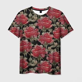 Мужская футболка 3D с принтом Красные розы на черном фоне в Тюмени, 100% полиэфир | прямой крой, круглый вырез горловины, длина до линии бедер | 8 марта | flowers | summer | ботаническая иллюстрация | весна | зеленый | красный | лето | любовь | праздник | принт | природа | растения | розы | цветы | черный