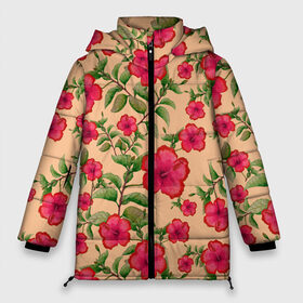 Женская зимняя куртка 3D с принтом Гибискусы на бежевом фоне в Тюмени, верх — 100% полиэстер; подкладка — 100% полиэстер; утеплитель — 100% полиэстер | длина ниже бедра, силуэт Оверсайз. Есть воротник-стойка, отстегивающийся капюшон и ветрозащитная планка. 

Боковые карманы с листочкой на кнопках и внутренний карман на молнии | 8 марта | flowers | summer | бежевый | ботаническая иллюстрация | весна | гибискус | зеленый | красный | лето | любовь | праздник | принт | природа | растения | цветы