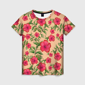 Женская футболка 3D с принтом Гибискусы на бежевом фоне в Тюмени, 100% полиэфир ( синтетическое хлопкоподобное полотно) | прямой крой, круглый вырез горловины, длина до линии бедер | Тематика изображения на принте: 8 марта | flowers | summer | бежевый | ботаническая иллюстрация | весна | гибискус | зеленый | красный | лето | любовь | праздник | принт | природа | растения | цветы