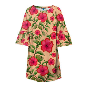 Детское платье 3D с принтом Гибискусы на бежевом фоне в Тюмени, 100% полиэстер | прямой силуэт, чуть расширенный к низу. Круглая горловина, на рукавах — воланы | Тематика изображения на принте: 8 марта | flowers | summer | бежевый | ботаническая иллюстрация | весна | гибискус | зеленый | красный | лето | любовь | праздник | принт | природа | растения | цветы