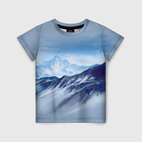 Детская футболка 3D с принтом Серо-голубые горы в Тюмени, 100% гипоаллергенный полиэфир | прямой крой, круглый вырез горловины, длина до линии бедер, чуть спущенное плечо, ткань немного тянется | арт | горы | живопись | кистью | краски | пейзаж | рисунок | серый