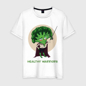 Мужская футболка хлопок с принтом Здоровые воины в Тюмени, 100% хлопок | прямой крой, круглый вырез горловины, длина до линии бедер, слегка спущенное плечо. | Тематика изображения на принте: брокколи | воин | здоровье | зеленый | овощи