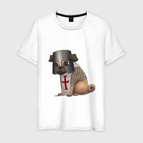 Мужская футболка хлопок с принтом Сэр мопс в Тюмени, 100% хлопок | прямой крой, круглый вырез горловины, длина до линии бедер, слегка спущенное плечо. | крестоносец | мопс | пёс | собака | тамплиер