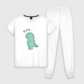 Женская пижама хлопок с принтом T-rex в Тюмени, 100% хлопок | брюки и футболка прямого кроя, без карманов, на брюках мягкая резинка на поясе и по низу штанин | cute | kawai | динозавр | миленький