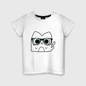 Детская футболка хлопок с принтом Кот Зефир очкарик в Тюмени, 100% хлопок | круглый вырез горловины, полуприлегающий силуэт, длина до линии бедер | животное | интересные иллюстрации | кот зефир | кот очкарик | кошка | прикольные картинки | эмоджи