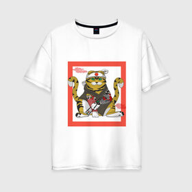 Женская футболка хлопок Oversize с принтом Кот Ёкай и суши в Тюмени, 100% хлопок | свободный крой, круглый ворот, спущенный рукав, длина до линии бедер
 | кот | красный | сушист | тату | япония