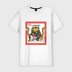 Мужская футболка хлопок Slim с принтом Кот Ёкай и суши в Тюмени, 92% хлопок, 8% лайкра | приталенный силуэт, круглый вырез ворота, длина до линии бедра, короткий рукав | Тематика изображения на принте: кот | красный | сушист | тату | япония