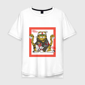 Мужская футболка хлопок Oversize с принтом Кот Ёкай и суши в Тюмени, 100% хлопок | свободный крой, круглый ворот, “спинка” длиннее передней части | Тематика изображения на принте: кот | красный | сушист | тату | япония