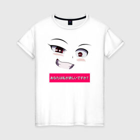 Женская футболка хлопок с принтом Аниме личико в Тюмени, 100% хлопок | прямой крой, круглый вырез горловины, длина до линии бедер, слегка спущенное плечо | Тематика изображения на принте: аниме | ахегао | иероглиф | лицо | японские | японский