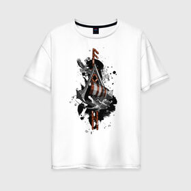 Женская футболка хлопок Oversize с принтом Assassins Creed Valhalla Тату в Тюмени, 100% хлопок | свободный крой, круглый ворот, спущенный рукав, длина до линии бедер
 | викинги | графика | драккар | корабль | орел | руны | тату | черный