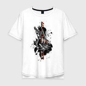 Мужская футболка хлопок Oversize с принтом Assassins Creed Valhalla Тату в Тюмени, 100% хлопок | свободный крой, круглый ворот, “спинка” длиннее передней части | викинги | графика | драккар | корабль | орел | руны | тату | черный