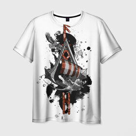 Мужская футболка 3D с принтом Assassins Creed Valhalla Тату в Тюмени, 100% полиэфир | прямой крой, круглый вырез горловины, длина до линии бедер | Тематика изображения на принте: ассасинс крид | викинги | графика | драккар | корабль | орел | руны | тату