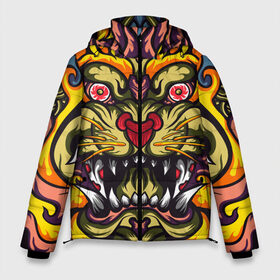 Мужская зимняя куртка 3D с принтом Абстракция тигр в Тюмени, верх — 100% полиэстер; подкладка — 100% полиэстер; утеплитель — 100% полиэстер | длина ниже бедра, свободный силуэт Оверсайз. Есть воротник-стойка, отстегивающийся капюшон и ветрозащитная планка. 

Боковые карманы с листочкой на кнопках и внутренний карман на молнии. | абстракция | арт | глаза | голова | животные | клыки | монстр | огонь | орнамент | рисунок | тигр