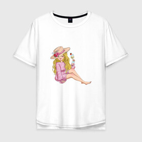 Мужская футболка хлопок Oversize с принтом Варвара в Тюмени, 100% хлопок | свободный крой, круглый ворот, “спинка” длиннее передней части | Тематика изображения на принте: в шляпке | девушка | еда | кокетка | коктейль