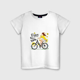 Детская футболка хлопок с принтом Велосипедистка в Тюмени, 100% хлопок | круглый вырез горловины, полуприлегающий силуэт, длина до линии бедер | велосипед | девушка | желтый | лето | подсолнухи | спорт
