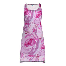 Платье-майка 3D с принтом Roses в Тюмени, 100% полиэстер | полуприлегающий силуэт, широкие бретели, круглый вырез горловины, удлиненный подол сзади. | дизайн с розами | женственность | нежность | роза | розовый принт | розовый фон | розы | цветы