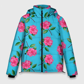 Мужская зимняя куртка 3D с принтом Камелии на голубом фоне в Тюмени, верх — 100% полиэстер; подкладка — 100% полиэстер; утеплитель — 100% полиэстер | длина ниже бедра, свободный силуэт Оверсайз. Есть воротник-стойка, отстегивающийся капюшон и ветрозащитная планка. 

Боковые карманы с листочкой на кнопках и внутренний карман на молнии. | 8 марта | flowers | summer | ботаническая иллюстрация | весна | зеленый | камелии | лето | любовь | праздник | принт | природа | растения | розовый | цветы