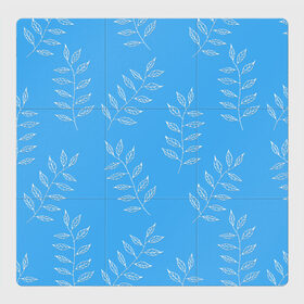 Магнитный плакат 3Х3 с принтом Белые листья на голубом фоне в Тюмени, Полимерный материал с магнитным слоем | 9 деталей размером 9*9 см | 8 марта | summer | белый | ботаническая иллюстрация | весна | веточки | лето | листья | любовь | праздник | принт | природа | растения