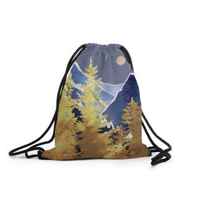 Рюкзак-мешок 3D с принтом Золотой лес в Тюмени, 100% полиэстер | плотность ткани — 200 г/м2, размер — 35 х 45 см; лямки — толстые шнурки, застежка на шнуровке, без карманов и подкладки | горы | елки | золотой | лес | луна | природа | путешественникам | путешествие