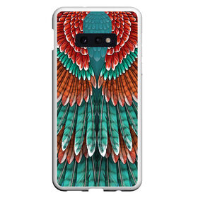 Чехол для Samsung S10E с принтом Оперение зимородка в Тюмени, Силикон | Область печати: задняя сторона чехла, без боковых панелей | бирюзовый | друид | зелёный | зимородок | индеец | оперение | оранжевый | пернатый | перо | перья | природа | птица | рыжий | сон