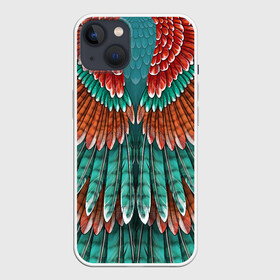 Чехол для iPhone 13 с принтом Оперение зимородка в Тюмени,  |  | бирюзовый | друид | зелёный | зимородок | индеец | оперение | оранжевый | пернатый | перо | перья | природа | птица | рыжий | сон
