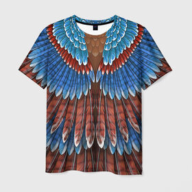 Мужская футболка 3D с принтом оперение сойка в Тюмени, 100% полиэфир | прямой крой, круглый вырез горловины, длина до линии бедер | feathers | plumage | друид | индеец | коричневый | оперение | орёл | пернатый | перо | перья | природа | птица | синий | сойка | сон
