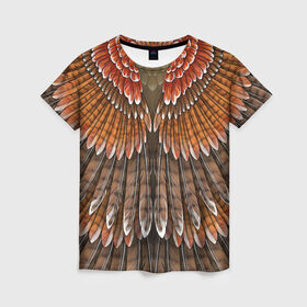 Женская футболка 3D с принтом оперение орел в Тюмени, 100% полиэфир ( синтетическое хлопкоподобное полотно) | прямой крой, круглый вырез горловины, длина до линии бедер | друид | индеец | коричневый | красный | оперение | оранжевый | орёл | пернатый | перо | перья | природа | птица | сова | сон