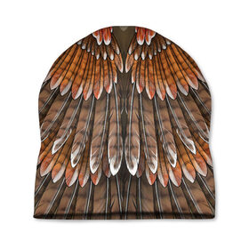 Шапка 3D с принтом оперение орел в Тюмени, 100% полиэстер | универсальный размер, печать по всей поверхности изделия | Тематика изображения на принте: друид | индеец | коричневый | красный | оперение | оранжевый | орёл | пернатый | перо | перья | природа | птица | сова | сон