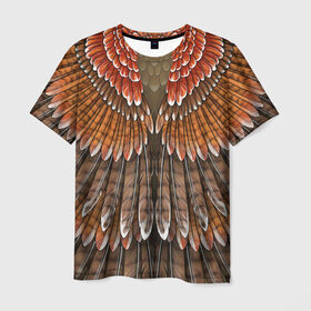 Мужская футболка 3D с принтом оперение орел в Тюмени, 100% полиэфир | прямой крой, круглый вырез горловины, длина до линии бедер | Тематика изображения на принте: друид | индеец | коричневый | красный | оперение | оранжевый | орёл | пернатый | перо | перья | природа | птица | сова | сон