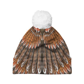 Шапка 3D c помпоном с принтом оперение орел в Тюмени, 100% полиэстер | универсальный размер, печать по всей поверхности изделия | друид | индеец | коричневый | красный | оперение | оранжевый | орёл | пернатый | перо | перья | природа | птица | сова | сон