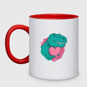 Кружка двухцветная с принтом Влюбленный динозавр T-Rex в Тюмени, керамика | объем — 330 мл, диаметр — 80 мм. Цветная ручка и кайма сверху, в некоторых цветах — вся внутренняя часть | 14 февраля | dinosaur | heart | hearts | love | pink | t rex | valentine | valentines | валентинка | валентинов день | день влюбленных | динозавр | лав | лав ю | любовь | розовое | святой валентин | сердечки | сердце | ти рекс